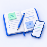 Not almayı temsil eden defter, kalem ve telefon
