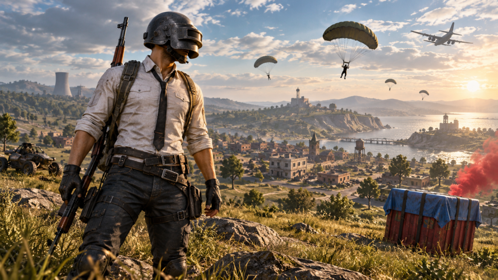PUBG MOBILE — kasklı karakter ve savaş alanı