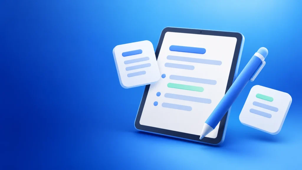Not alma uygulamalarını temsil eden tablet, not kartları ve kalem illüstrasyonu